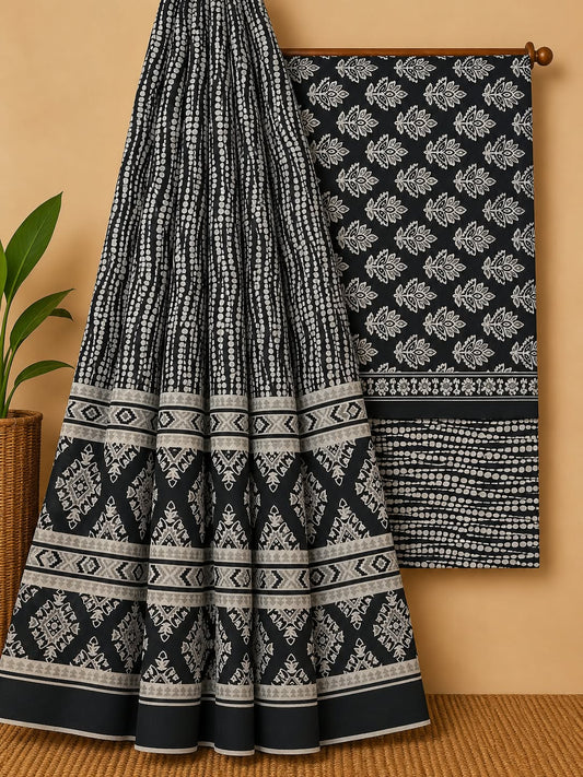 Black & White Floral Booti Unstitched Cotton Screen Print Salwar Suit Set with Mul Cotton Dupatta