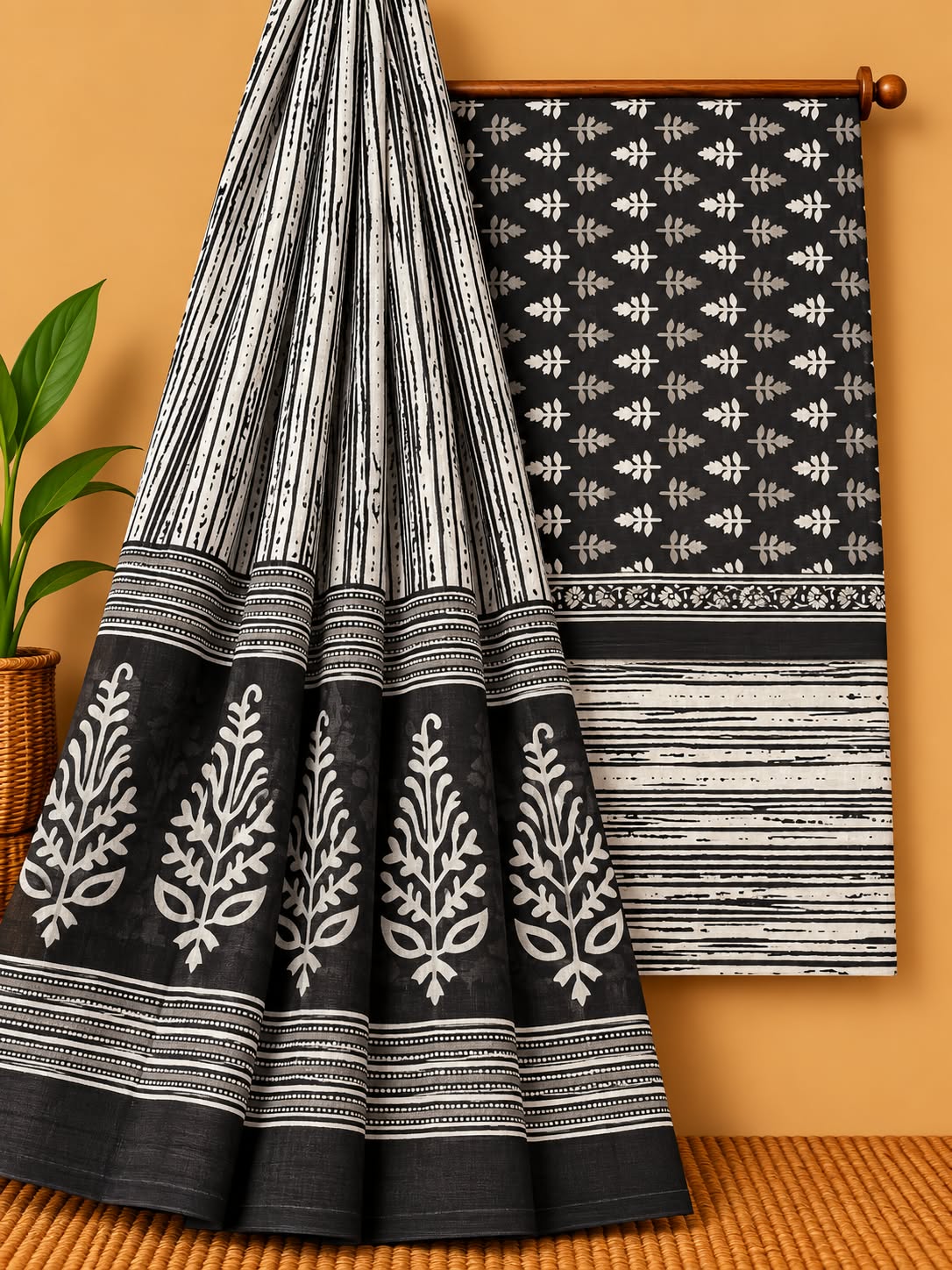 Black & White Leaf Print Unstitched Cotton Screen Print Salwar Suit Set with Mul Cotton Dupatta