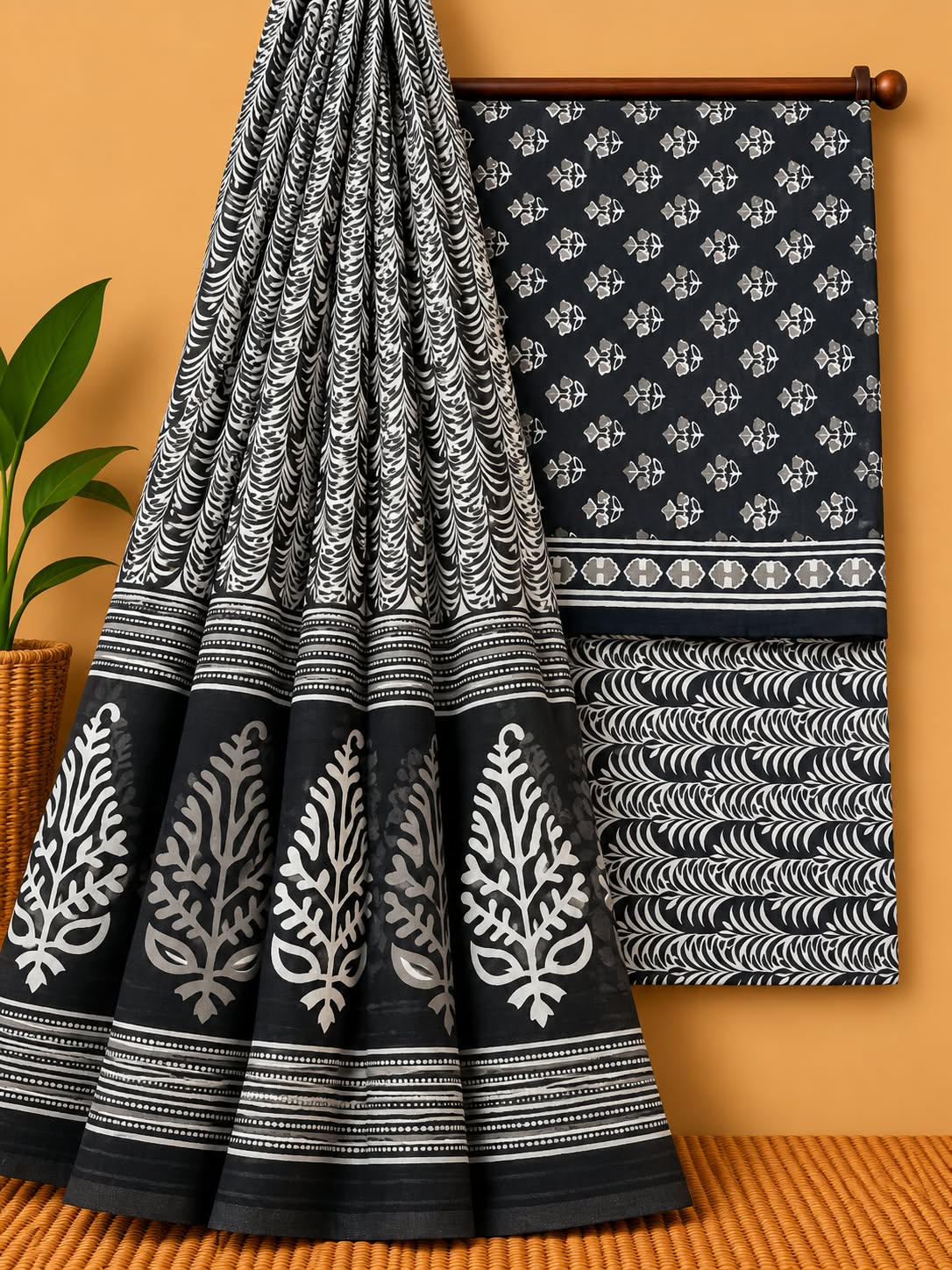 Black & White Floral Booti Unstitched Cotton Screen Print Salwar Suit Set with Mul Cotton Dupatta