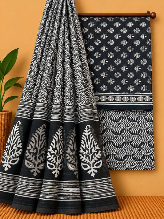 Black & White Floral Booti Unstitched Cotton Screen Print Salwar Suit Set with Mul Cotton Dupatta