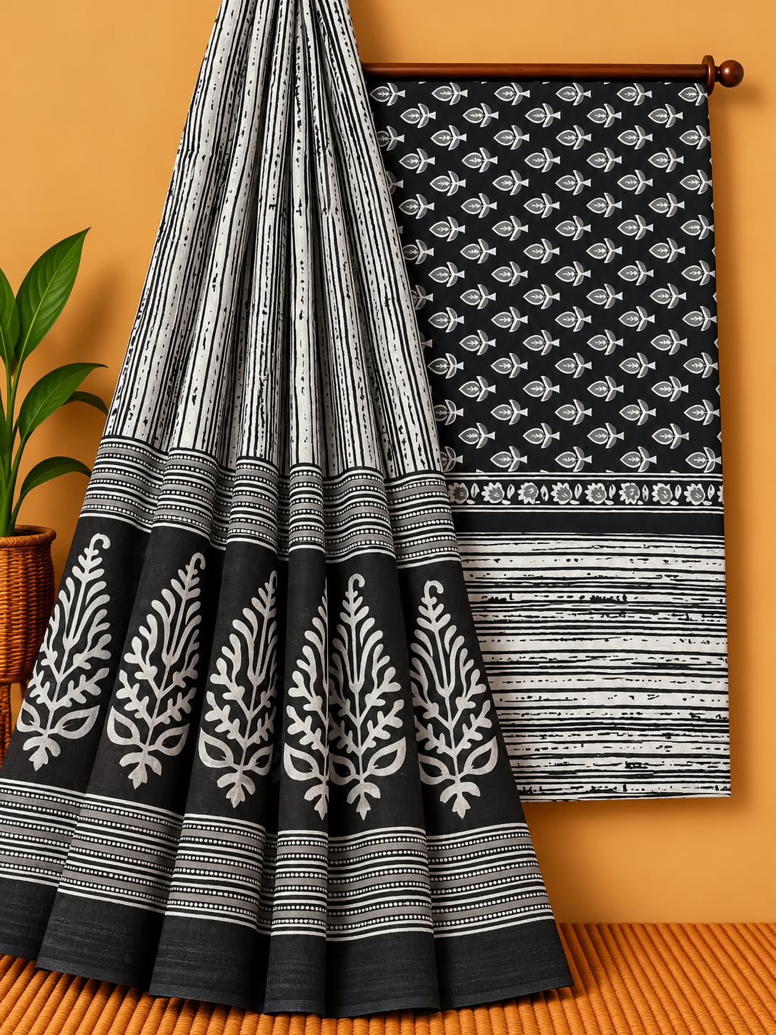 Black & White Leaf Print Unstitched Cotton Screen Print Salwar Suit Set with Mul Cotton Dupatta