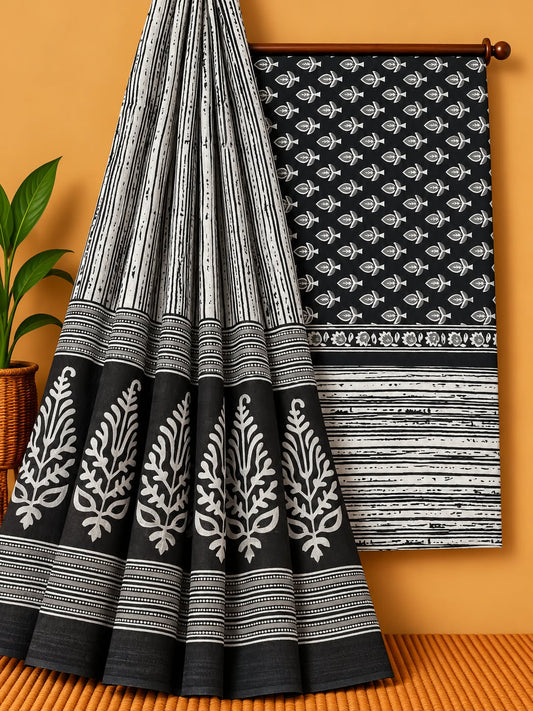 Black & White Leaf Print Unstitched Cotton Screen Print Salwar Suit Set with Mul Cotton Dupatta