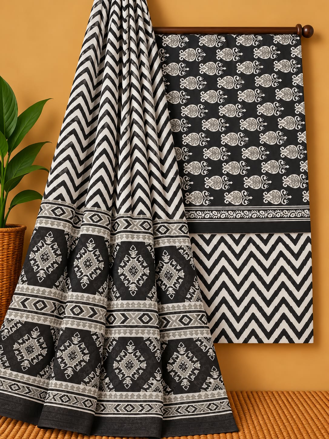 Black & White Chevron Unstitched Cotton Screen Print Salwar Suit Set with Mul Cotton Dupatta