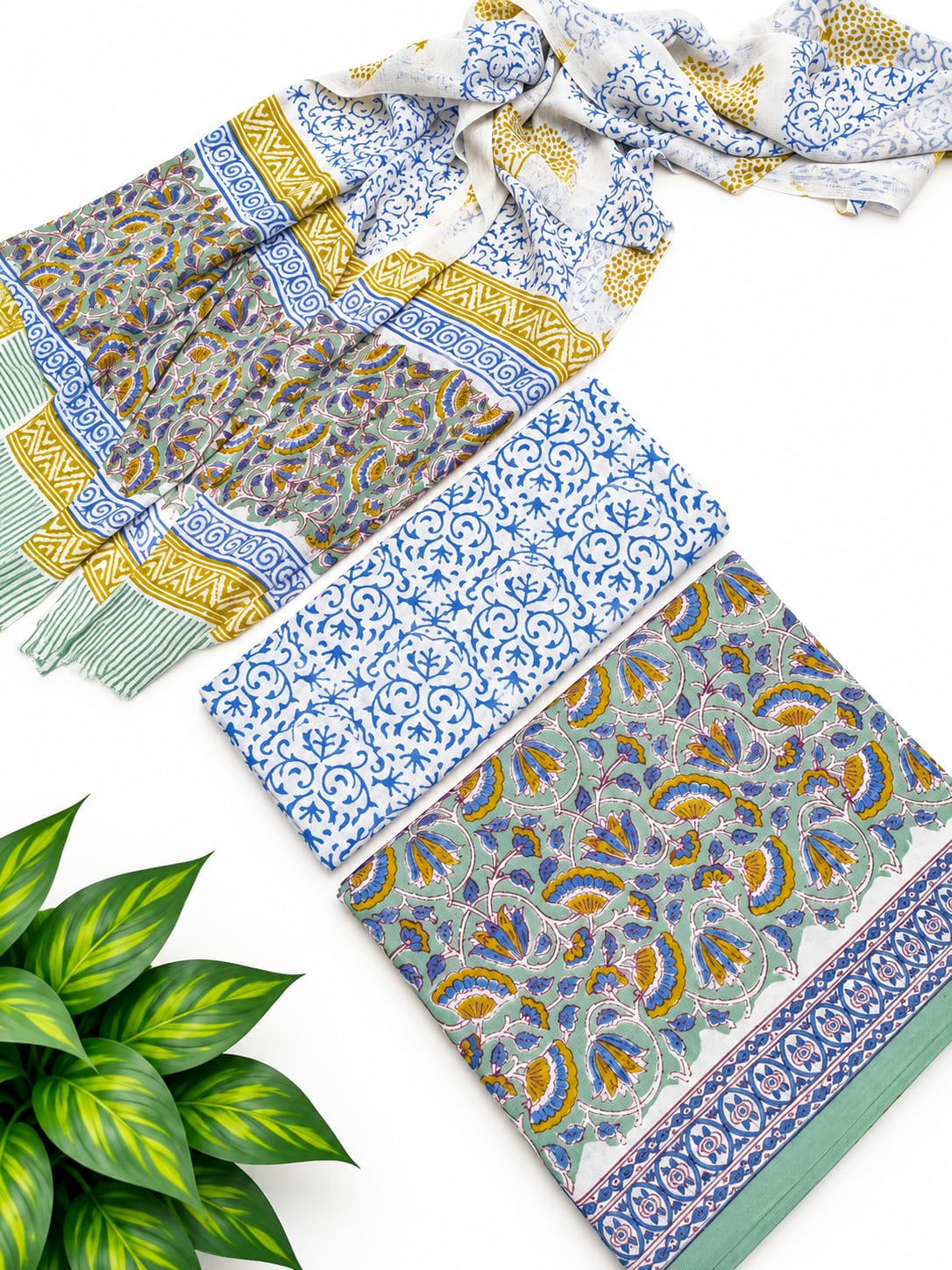 Blue Floral Jaal Cotton Suit Set with Chiffon Dupatta