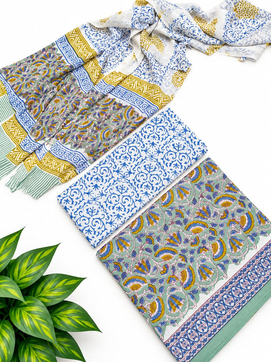 Blue Floral Jaal Cotton Suit Set with Chiffon Dupatta