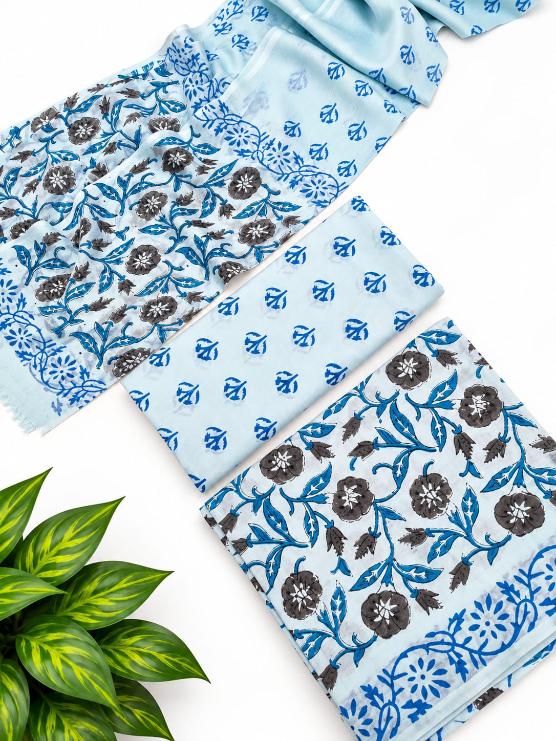 Blue Floral Cotton Suit Set with Chiffon Dupatta