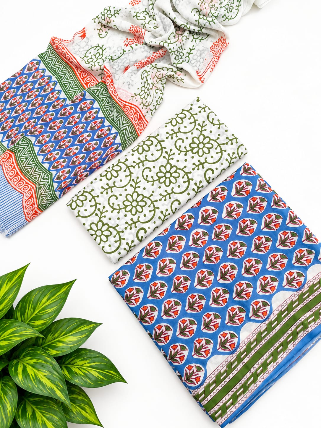 Blue Floral Booti Cotton Suit Set with Chiffon Dupatta