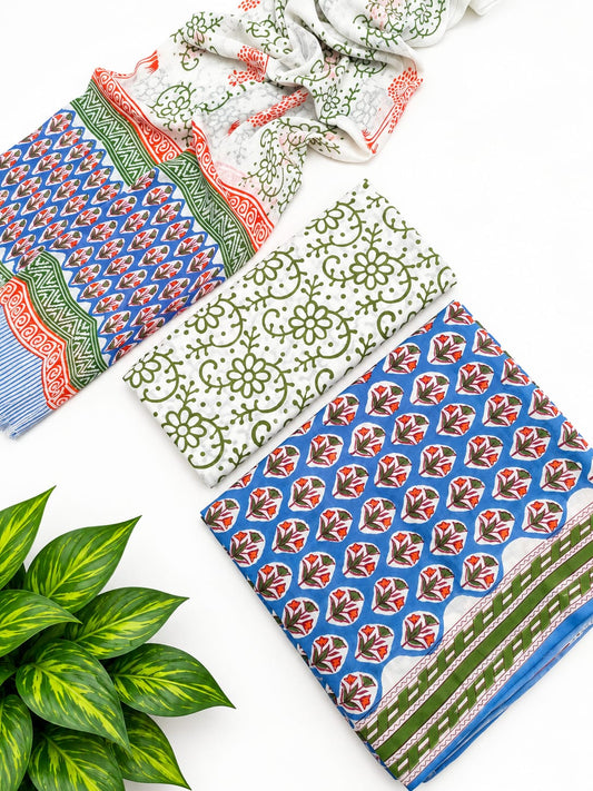 Blue Floral Booti Cotton Suit Set with Chiffon Dupatta