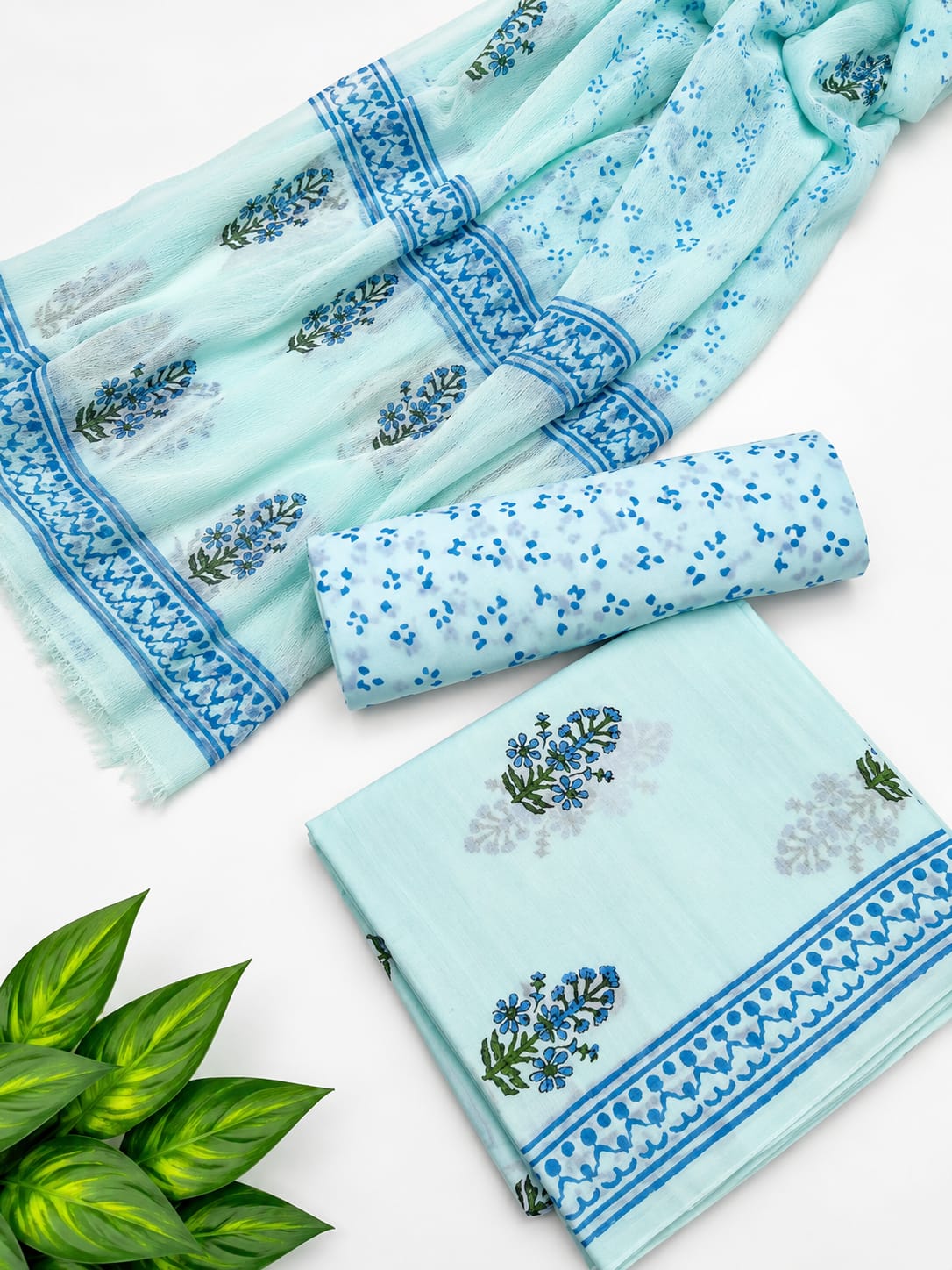 Blue Floral Booti Cotton Suit Set with Chiffon Dupatta