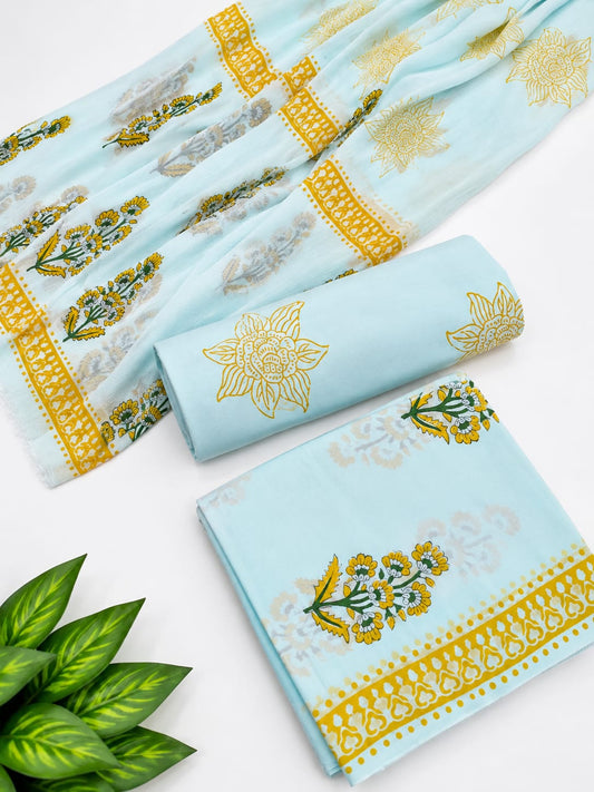 Blue Floral Cotton Suit Set with Chiffon Dupatta