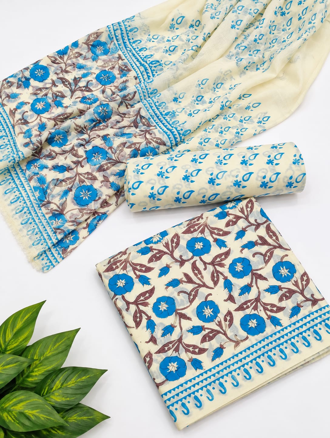 Blue Floral Cotton Suit Set with Chiffon Dupatta