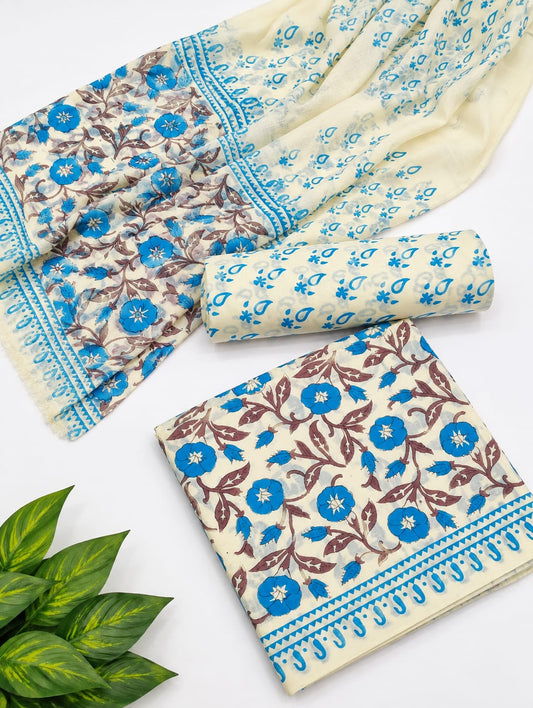 Blue Floral Cotton Suit Set with Chiffon Dupatta