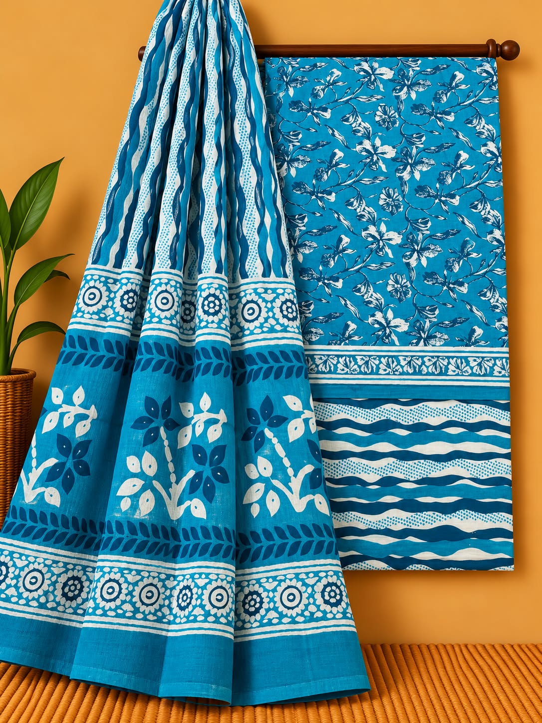 Blue Floral Jaal Unstitched Cotton Screen Print Salwar Suit Set with Mul Cotton Dupatta