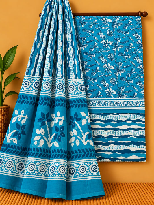 Blue Floral Jaal Unstitched Cotton Screen Print Salwar Suit Set with Mul Cotton Dupatta