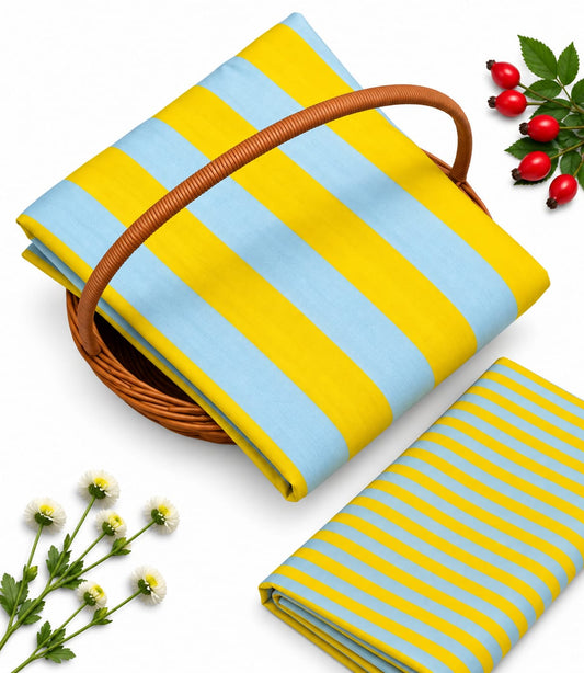 Blue & Yellow Striped Pure Cotton Unstitched Kurta Pant Fabric Set