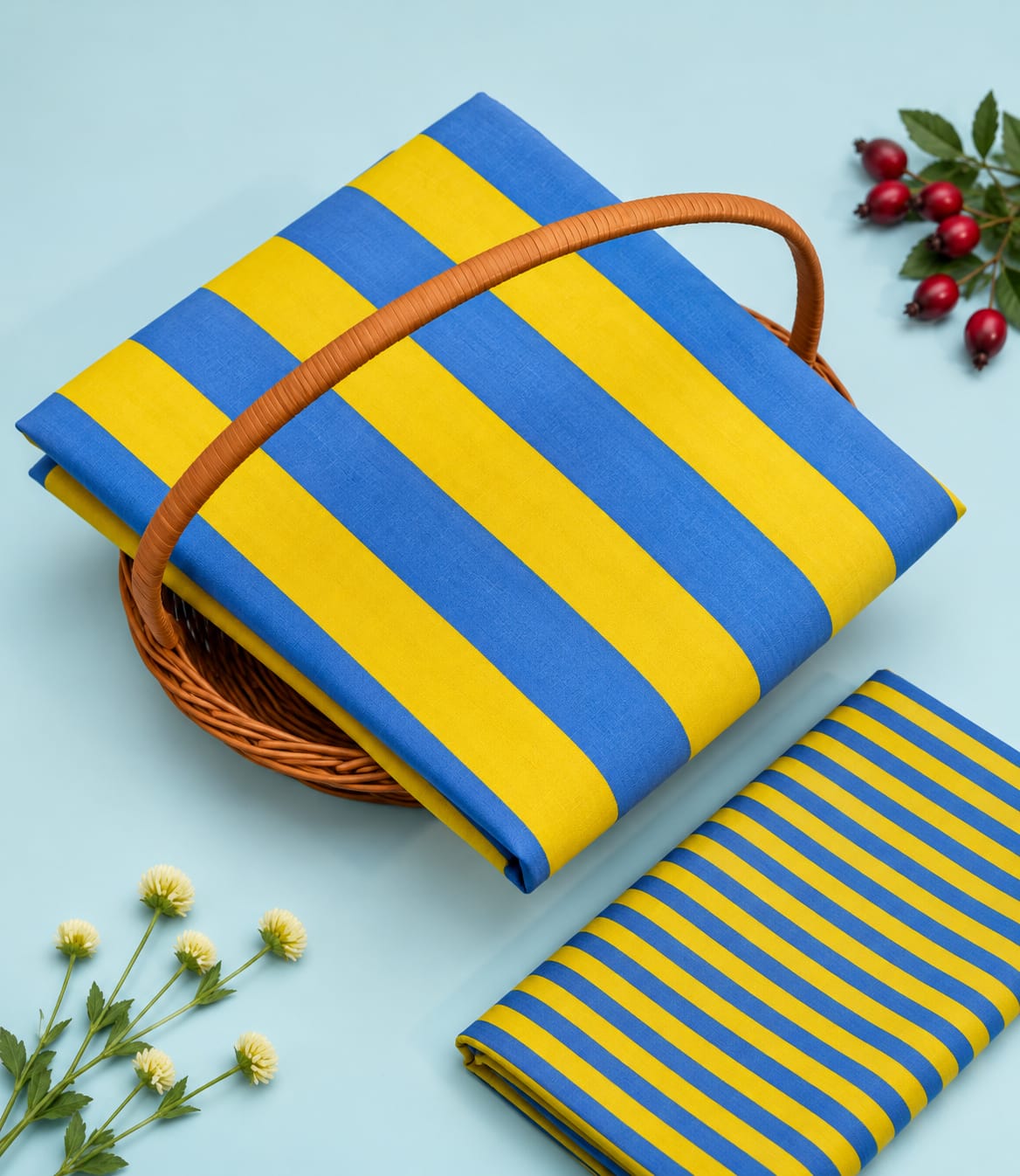 Blue & Yellow Striped Pure Cotton Unstitched Kurta Pant Fabric Set