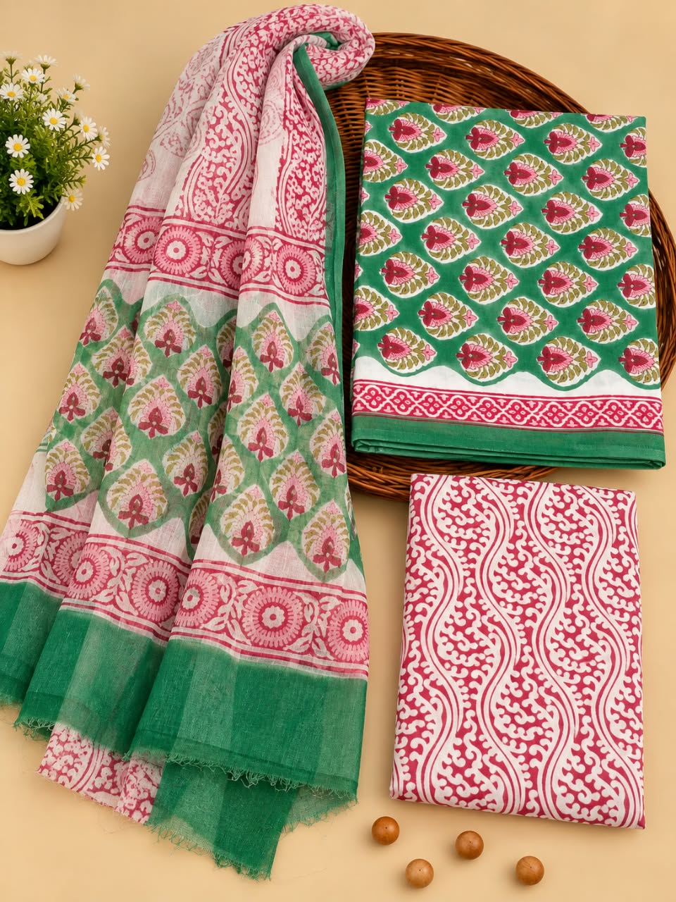 Green & Pink Traditional Motif Unstitched Cotton Suit Set with Chiffon Dupatta