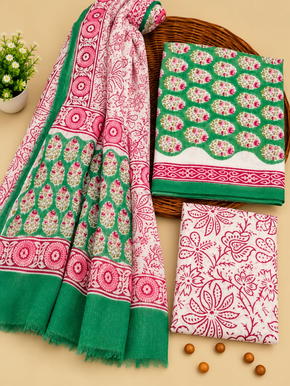 Green & Pink Floral Booti Unstitched Cotton Suit Set with Chiffon Dupatta
