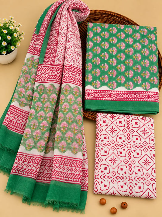 Green & Pink Floral Booti Unstitched Cotton Suit Set with Chiffon Dupatta