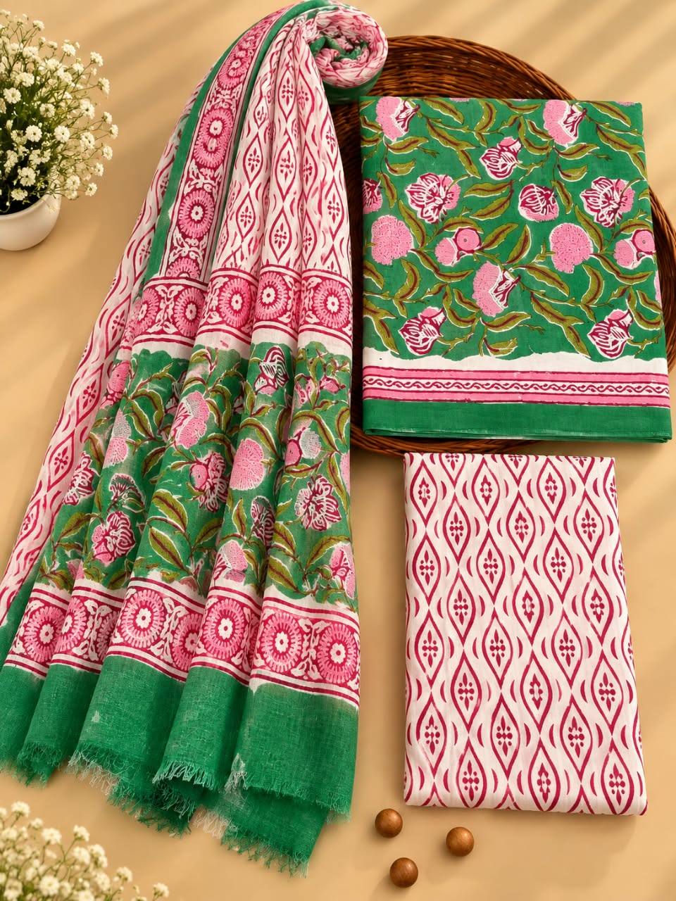 Green & Pink Floral Jaal Unstitched Cotton Suit Set with Chiffon Dupatta