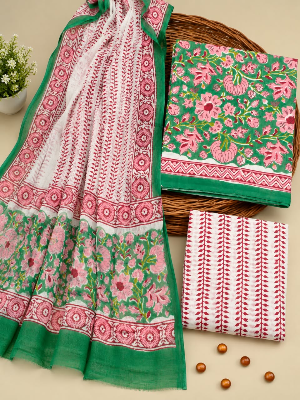Green & Pink Floral Jaal Unstitched Cotton Suit Set with Chiffon Dupatta