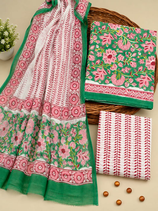Green & Pink Floral Jaal Unstitched Cotton Suit Set with Chiffon Dupatta