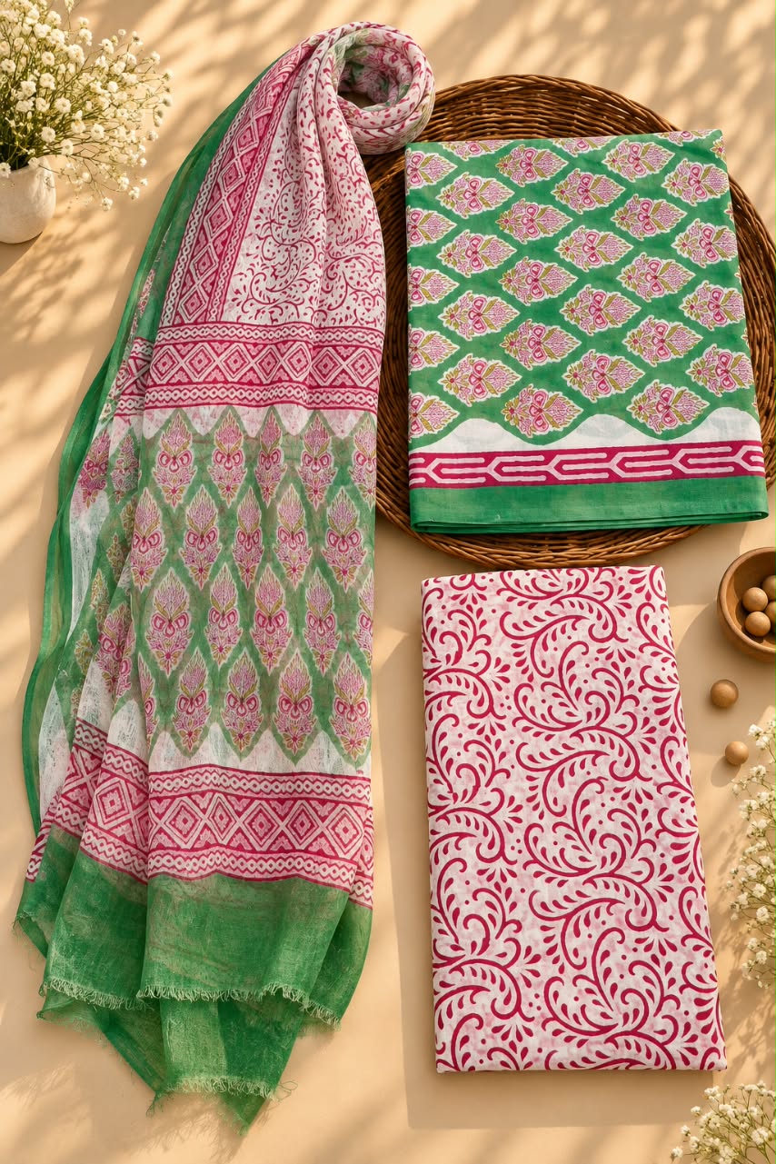 Green & Pink Floral Jaal Unstitched Cotton Suit Set with Chiffon Dupatta