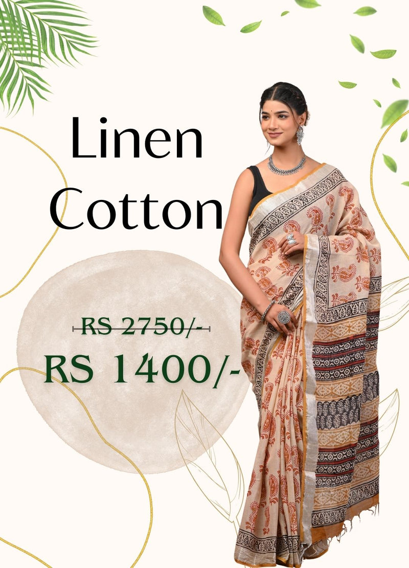 Linen Cotton Sarees – Hand Block Printed – Bhavika Fashion