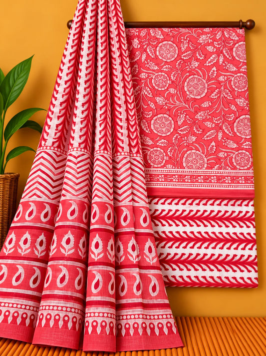 Coral Red Floral Jaal Unstitched Cotton Screen Print Salwar Suit Set with Mul Cotton Dupatta