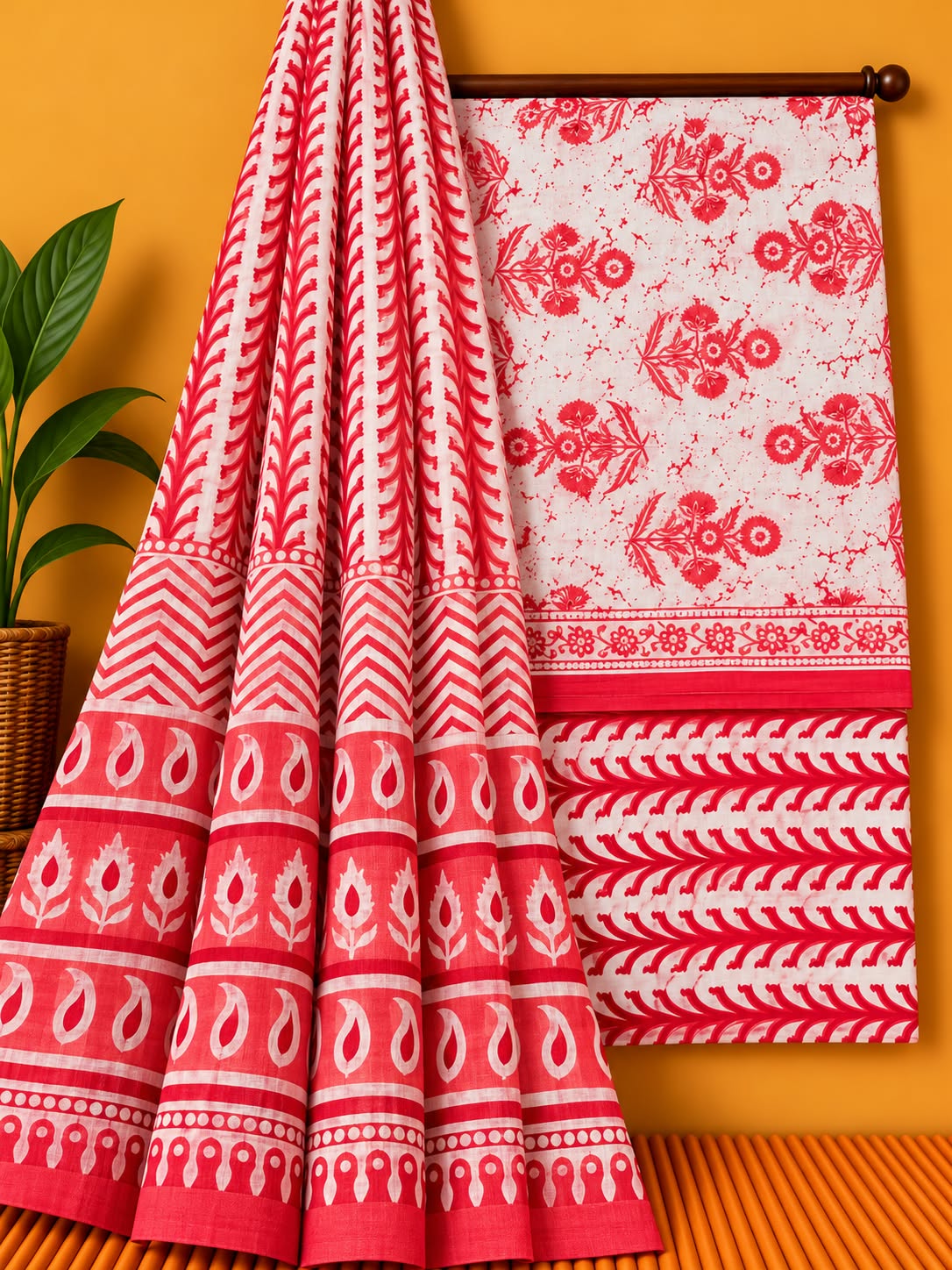 Coral Red Floral Booti Unstitched Cotton Screen Print Salwar Suit Set with Mul Cotton Dupatta