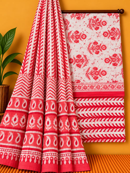 Coral Red Floral Booti Unstitched Cotton Screen Print Salwar Suit Set with Mul Cotton Dupatta