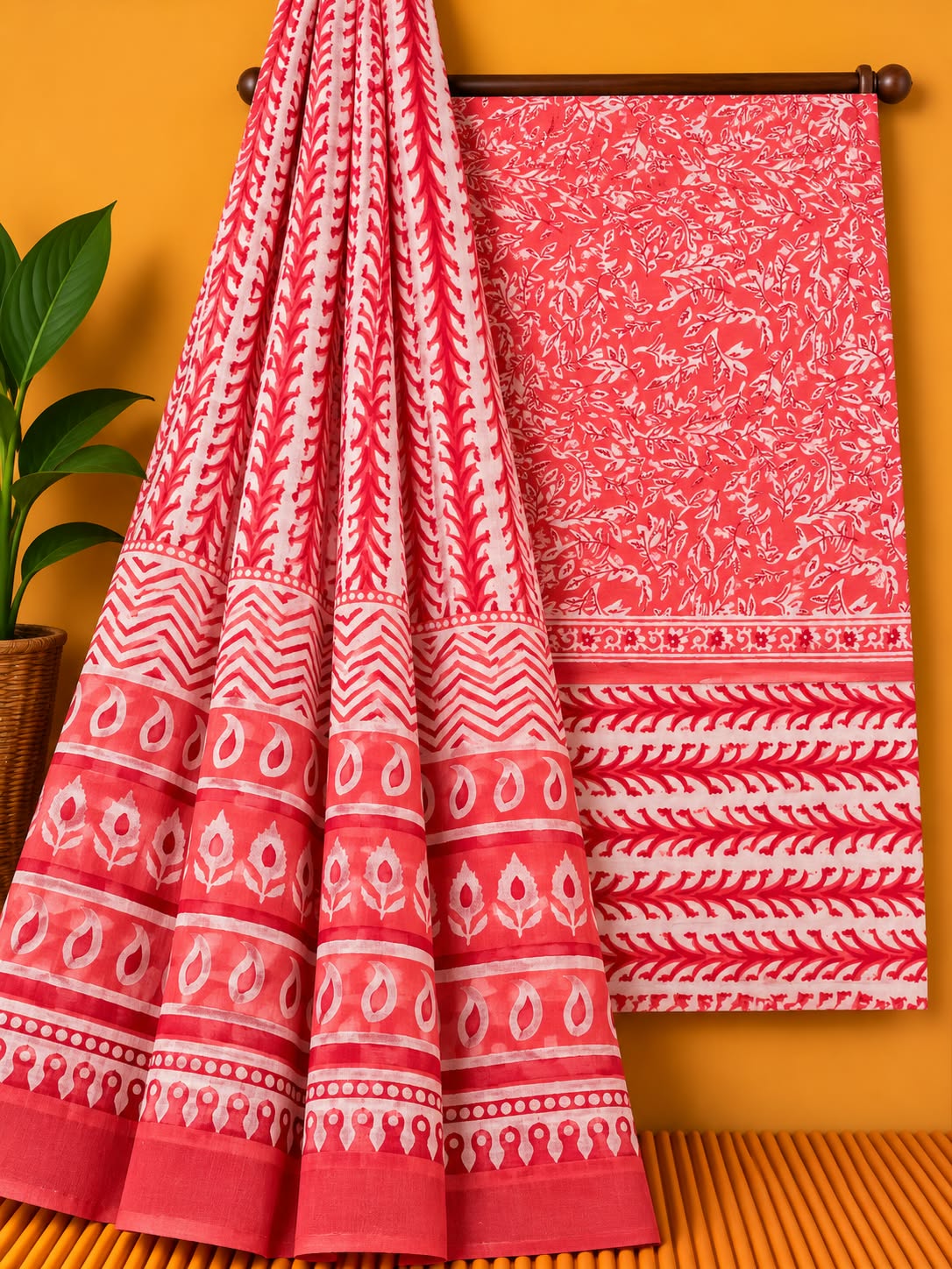 Coral Red Leaf Print Unstitched Cotton Screen Print Salwar Suit Set with Mul Cotton Dupatta