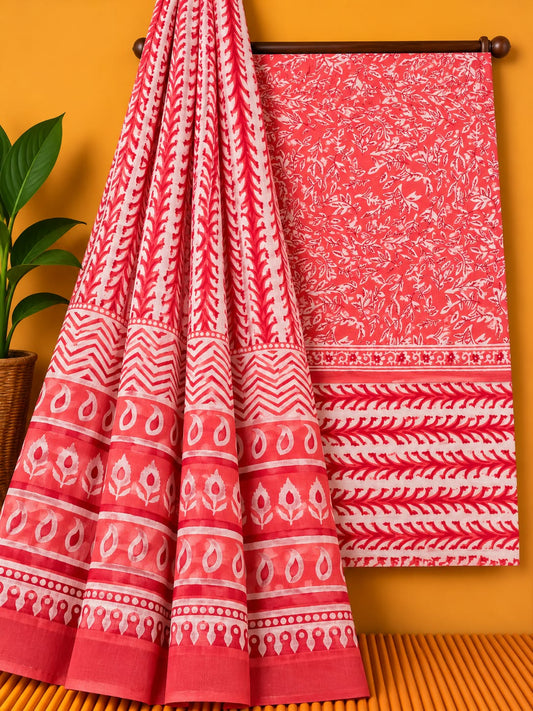 Coral Red Leaf Print Unstitched Cotton Screen Print Salwar Suit Set with Mul Cotton Dupatta
