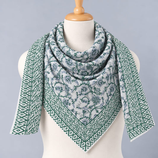 Green & Off-White Floral Jaal Hand Block Printed Mul-Cotton Scarf 100x100 cm