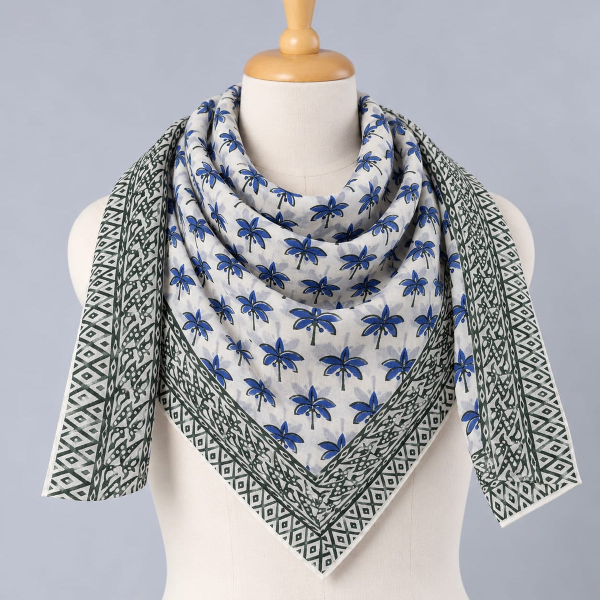 Blue & Grey Floral Booti Hand Block Printed Mul-Cotton Scarf 100x100 cm