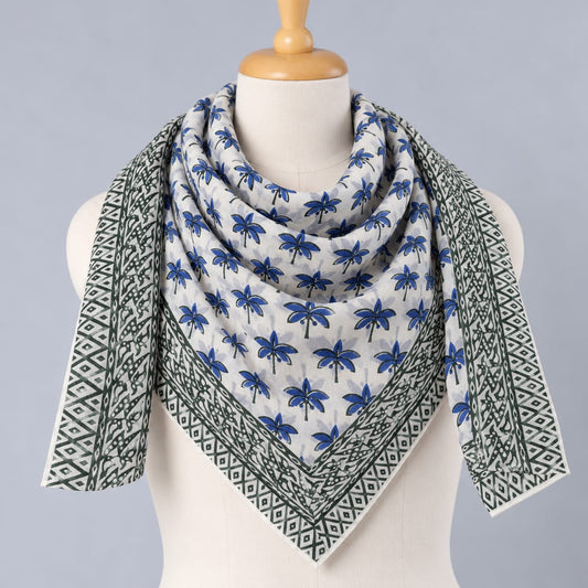 Blue & Grey Floral Booti Hand Block Printed Mul-Cotton Scarf 100x100 cm