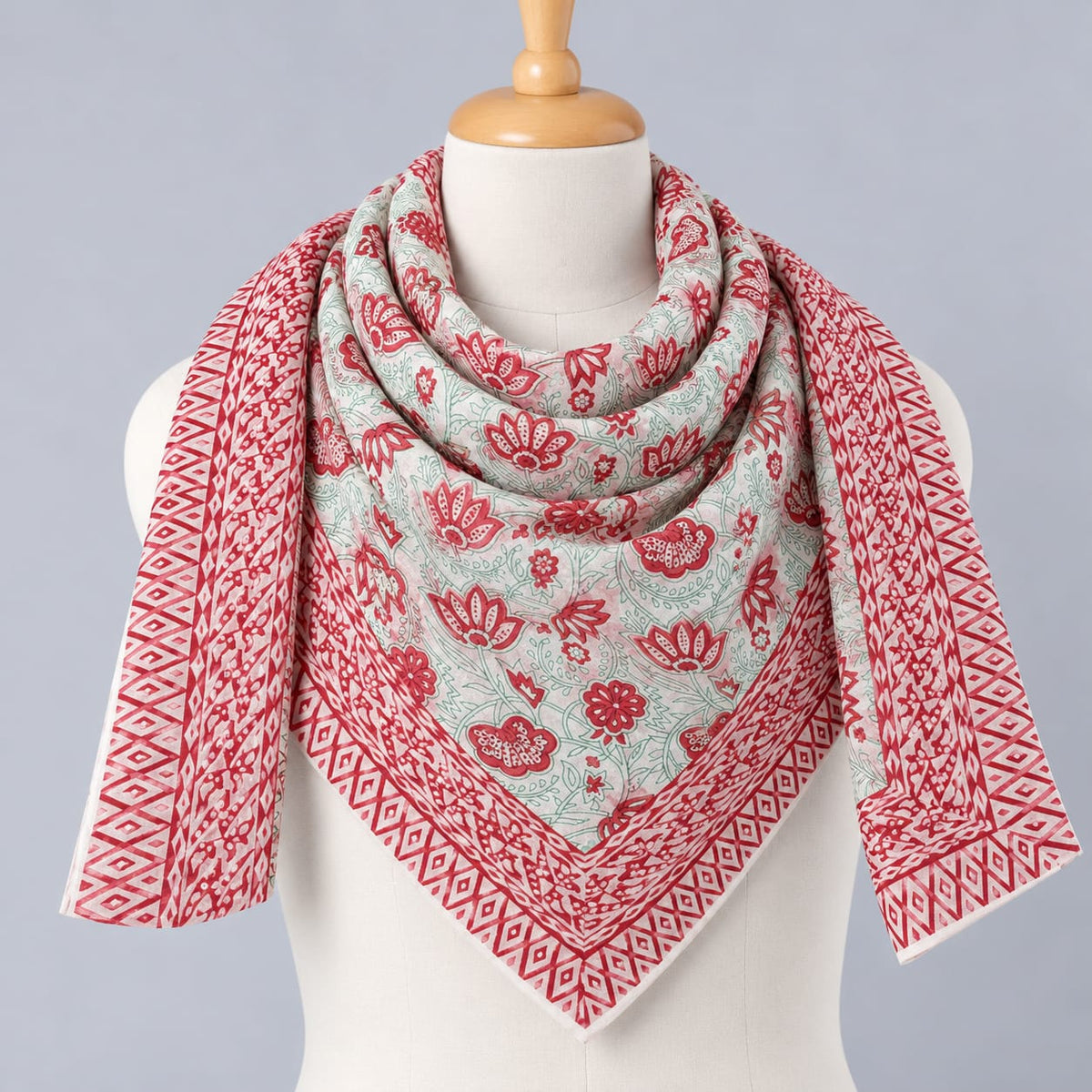 Red & Off-White Floral Booti Hand Block Printed Mul-Cotton Scarf 100x100 cm