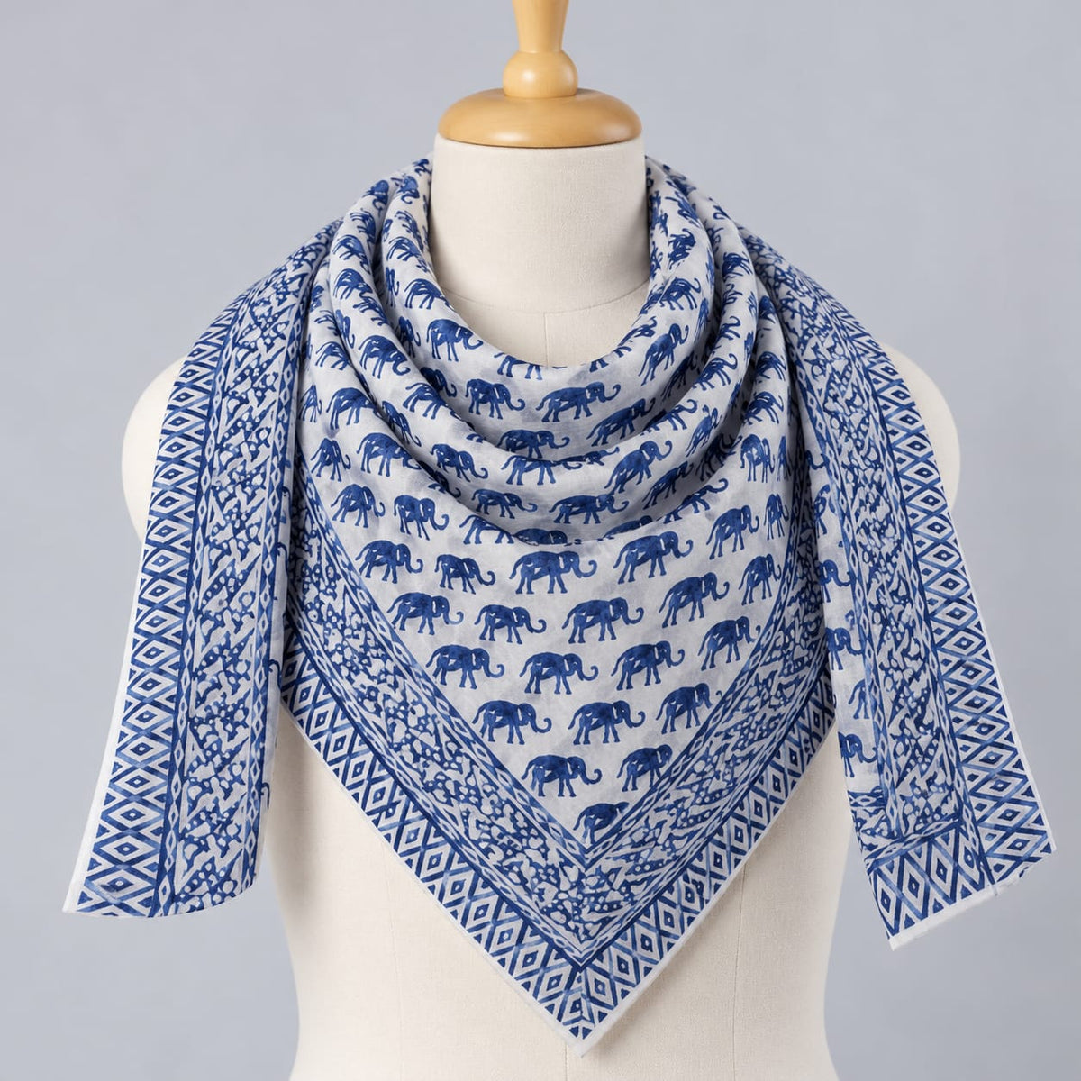 Indigo Blue & White Traditional Motif Hand Block Printed Mul-Cotton Scarf 100x100 cm