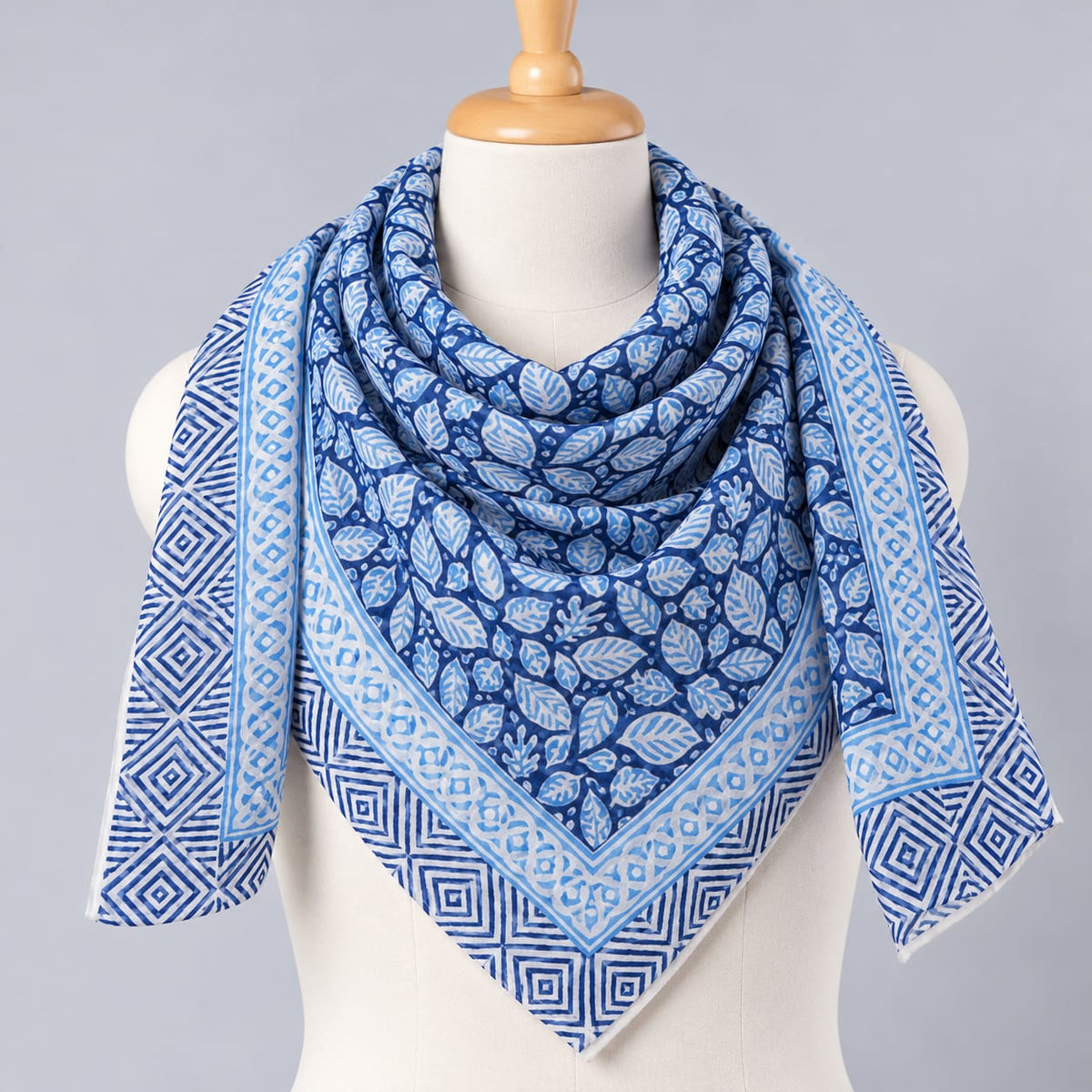 Indigo Blue & White Leaf Print Hand Block Printed Mul-Cotton Scarf 100x100 cm