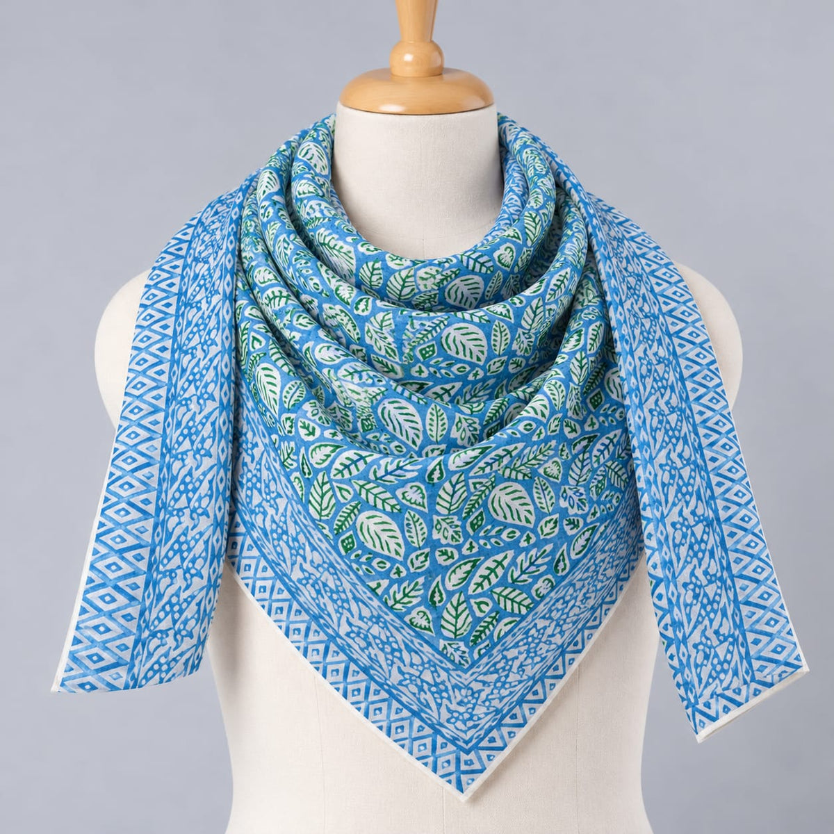 Blue & Green Leaf Print Hand Block Printed Mul-Cotton Scarf 100x100 cm