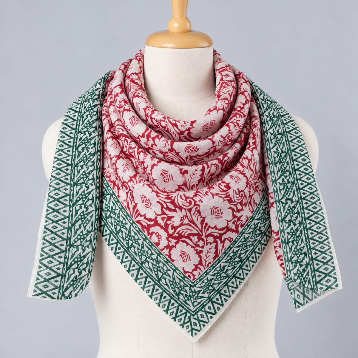Red & Green Floral Jaal Hand Block Printed Mul-Cotton Scarf 100x100 cm