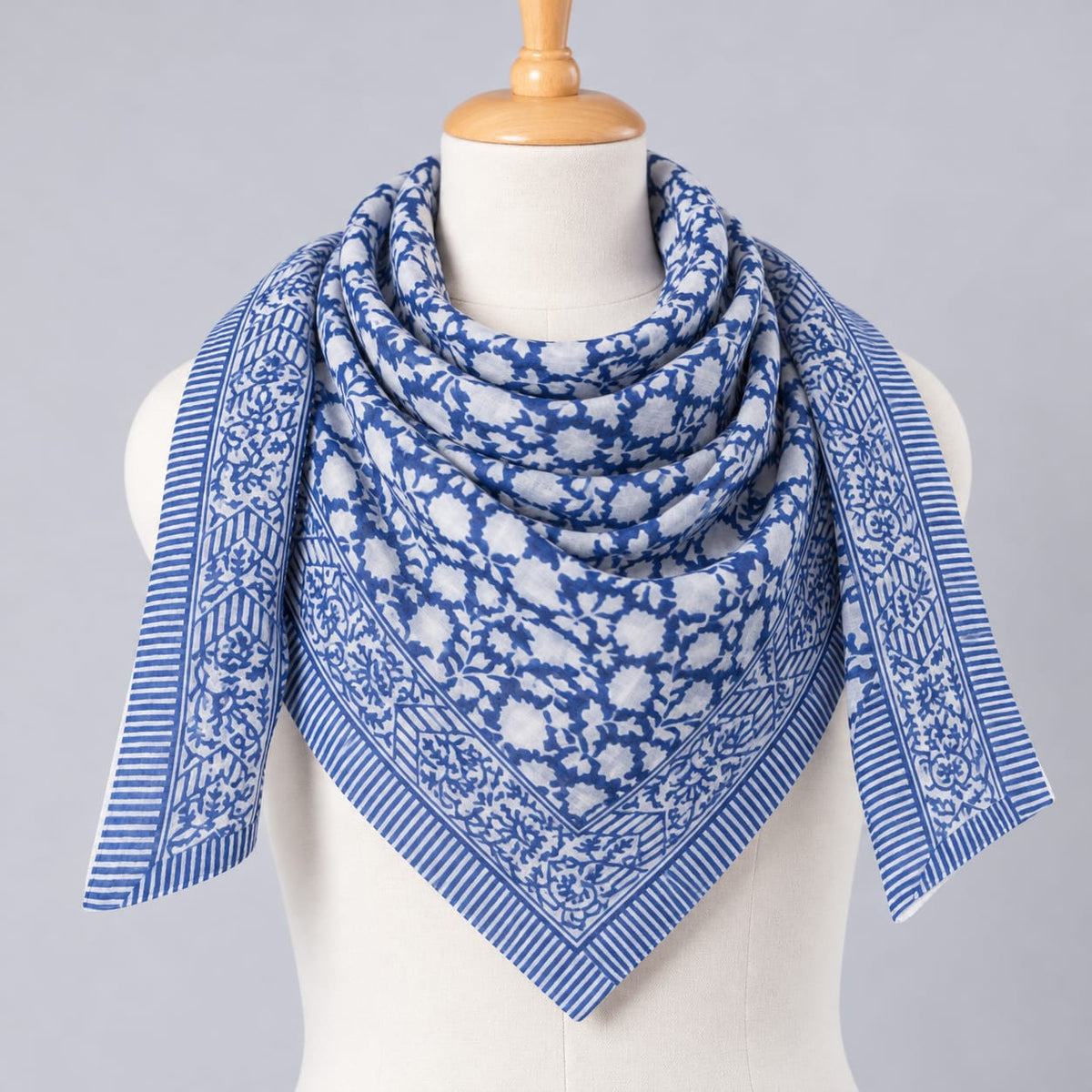 Indigo Blue & White Floral Jaal Hand Block Printed Mul-Cotton Scarf 100x100 cm