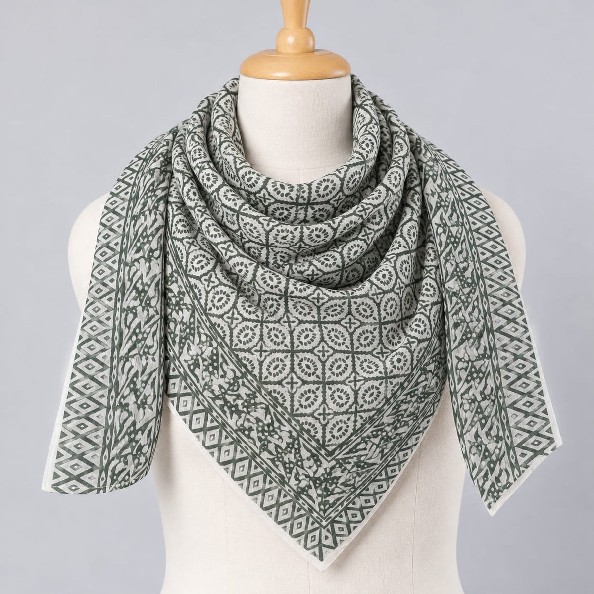 Green & Off-White Geometric Hand Block Printed Mul-Cotton Scarf 100x100 cm