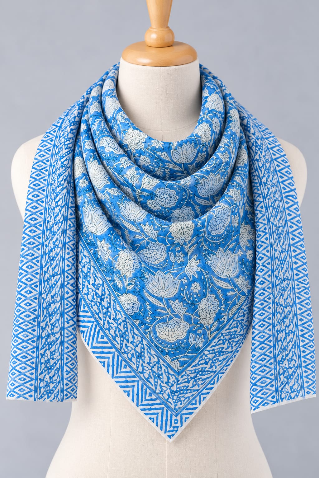 Blue & White Floral Jaal Hand Block Printed Mul-Cotton Scarf 100x100 cm