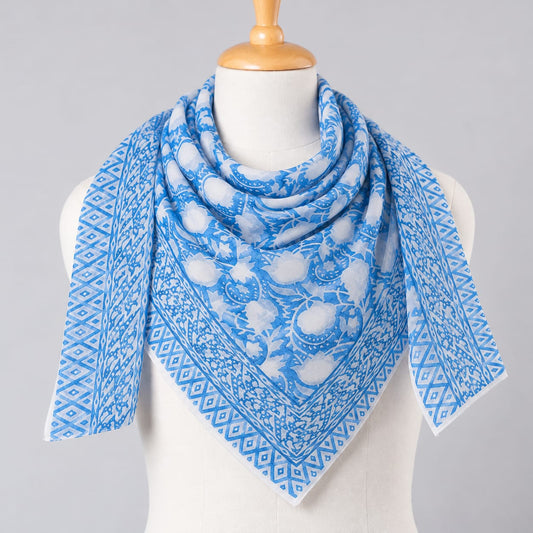 Blue & White Floral Jaal Hand Block Printed Mul-Cotton Scarf 100x100 cm