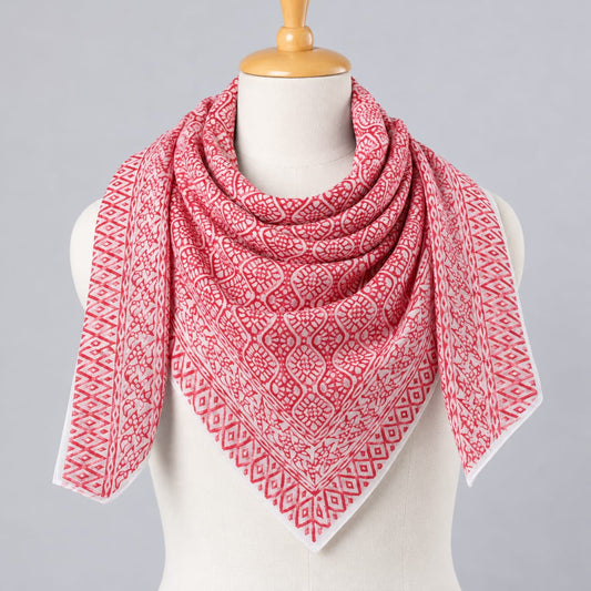 Red & White Traditional Motif Hand Block Printed Mul-Cotton Scarf 100x100 cm