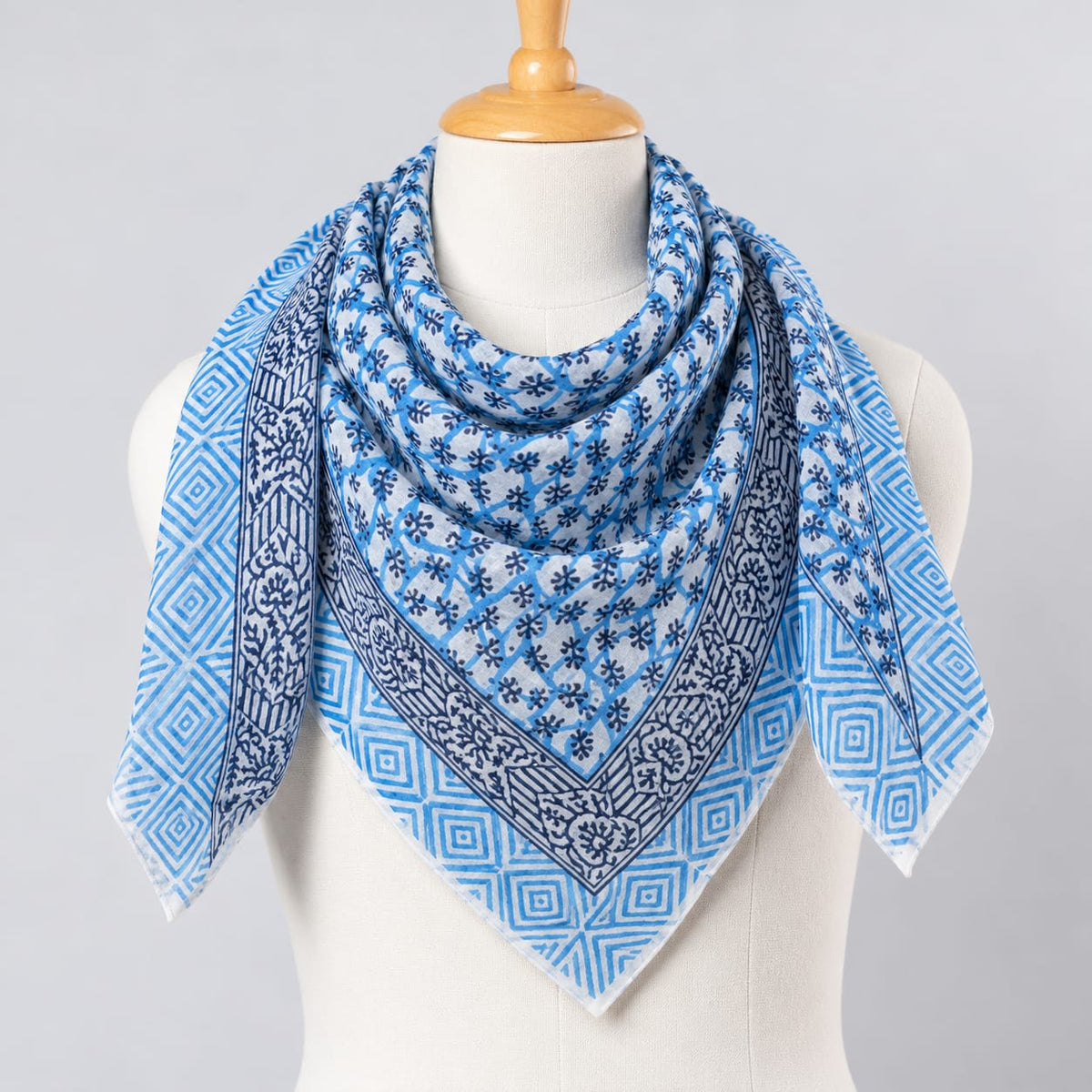Indigo Blue & White Geometric & Floral Hand Block Printed Mul-Cotton Scarf 100x100 cm