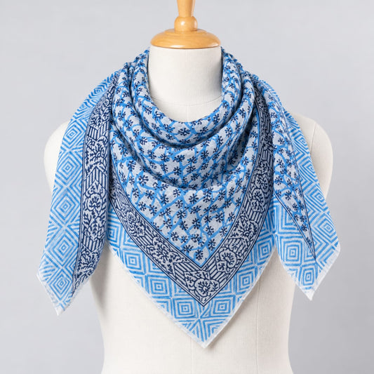 Indigo Blue & White Geometric & Floral Hand Block Printed Mul-Cotton Scarf 100x100 cm