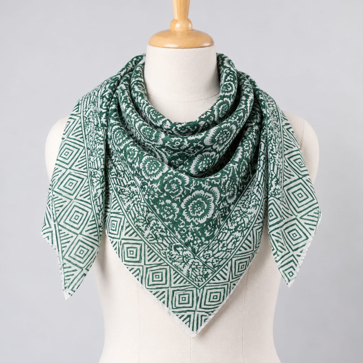 Green & White Floral Jaal Hand Block Printed Mul-Cotton Scarf 100x100 cm
