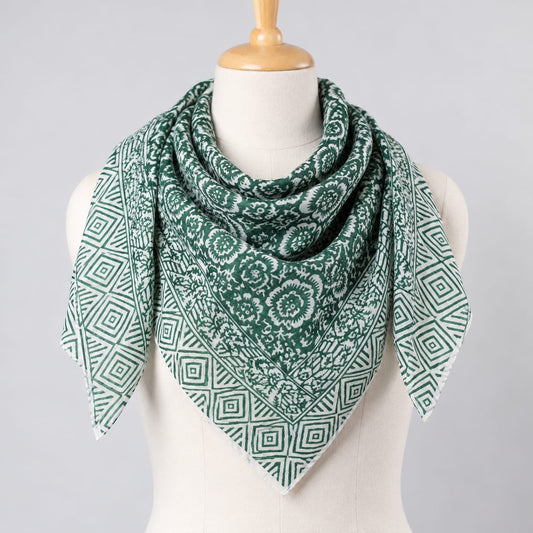 Green & White Floral Jaal Hand Block Printed Mul-Cotton Scarf 100x100 cm